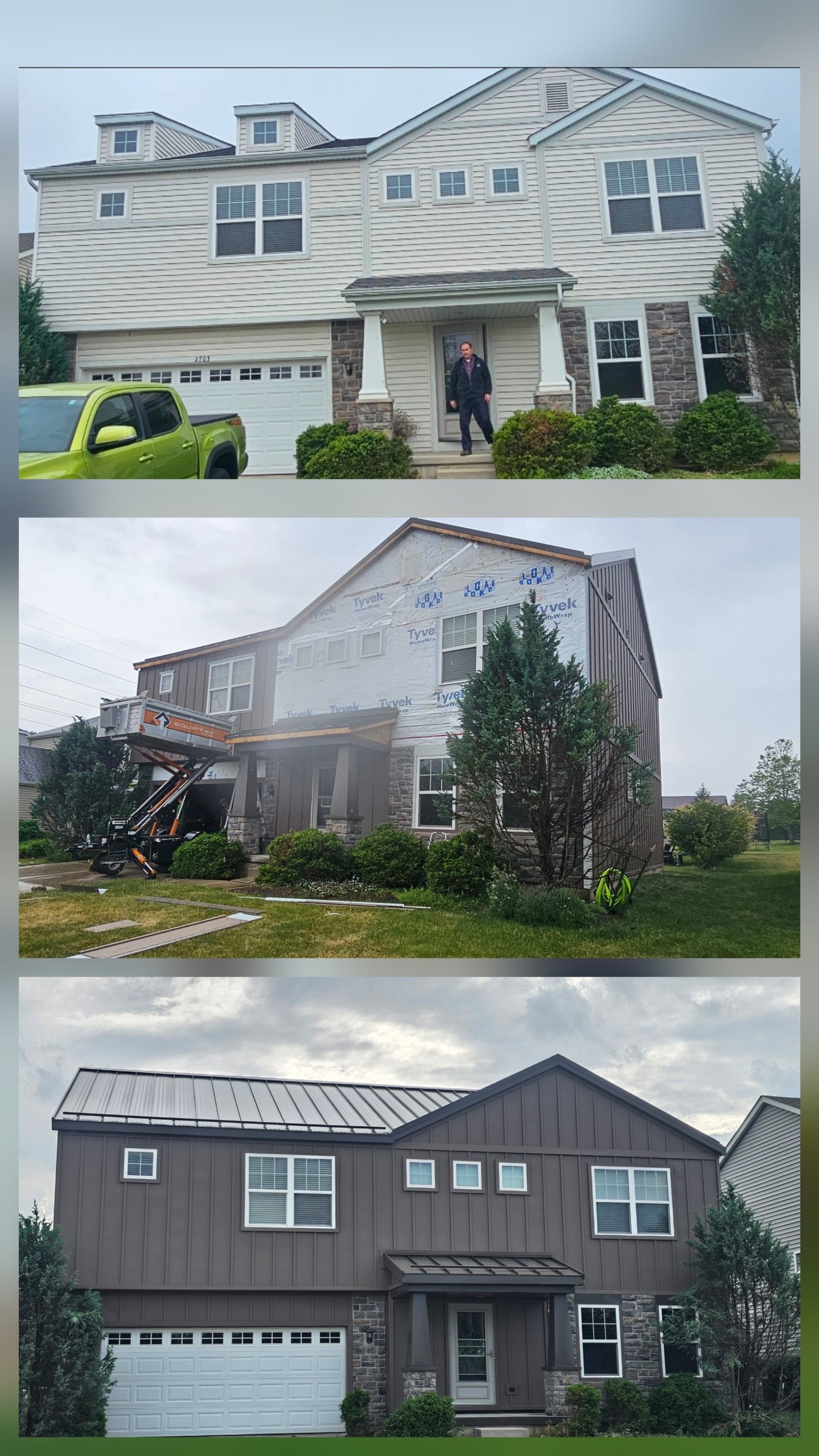 Three panel progression showing white vinyl siding, house wrap during install, and finished dark brown Battenlok steel siding